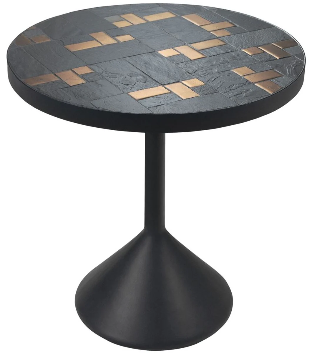 Casa Padrino mesa de centro de lujo multicolor / negro Ø 50 x H. 53 cm - Mesa de Café Redonda con Azulejos de Pizarra y Baldosas de Cerámica