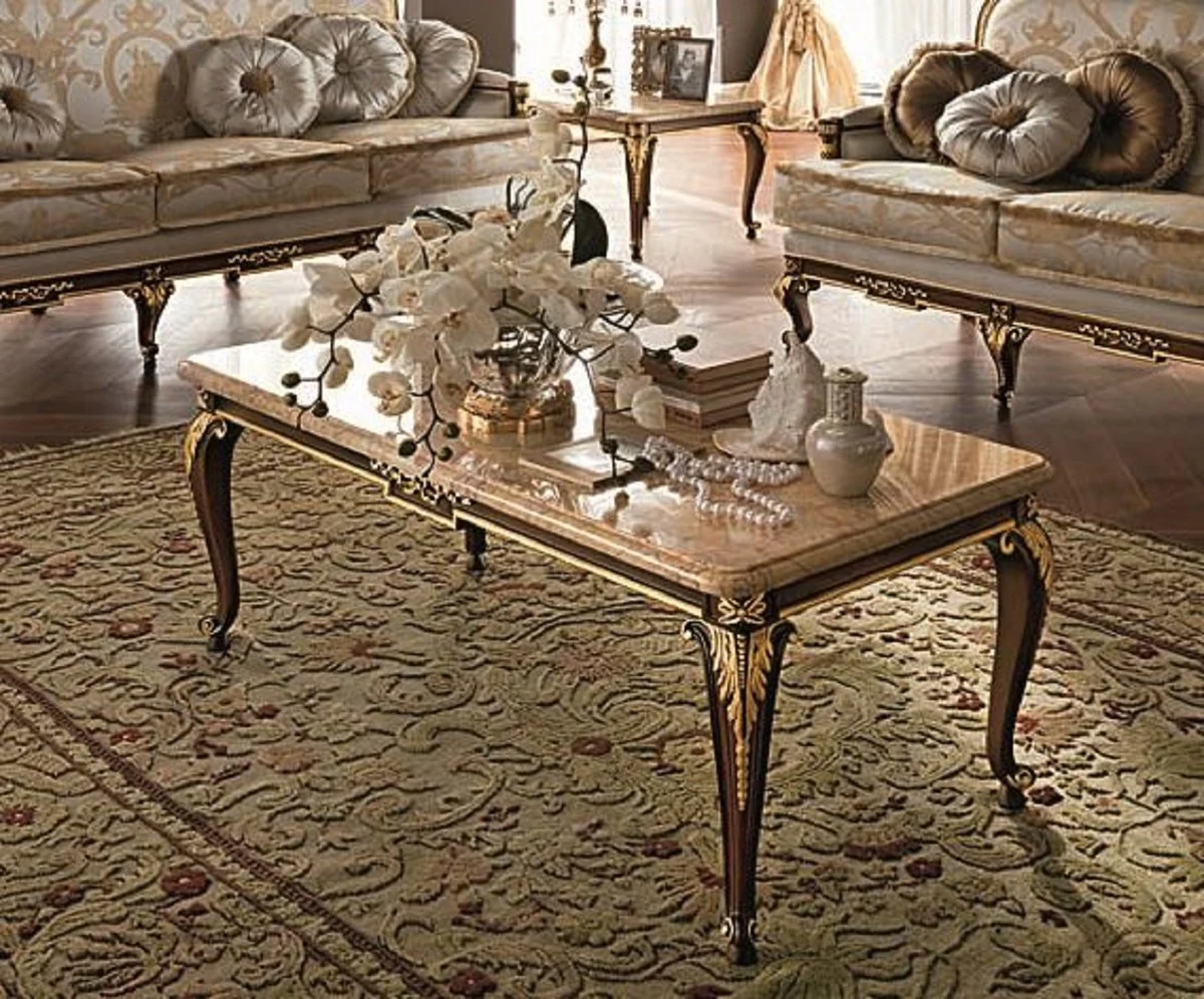 Casa Padrino mesa de centro barroco de lujo con placa de m¨¢rmol crema / marr¨®n oscuro / oro - Magn¨ªfica mesa de sal¨®n de madera maciza de estilo barroco - Muebles Barrocos - Hecho en Italia