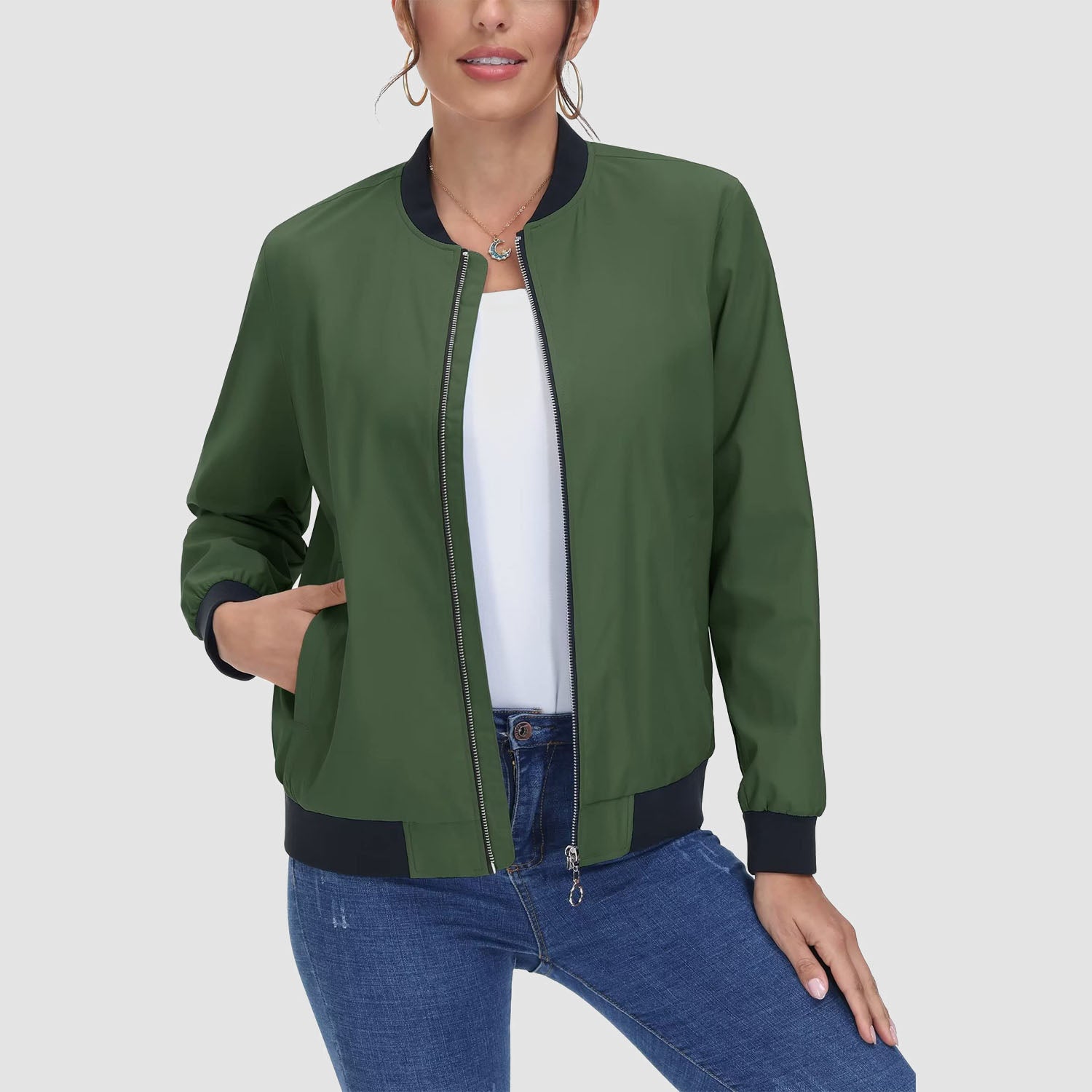 Women's Bomber Jacket Casual Zip Up Lightweight Coat Outerwear Windbreaker