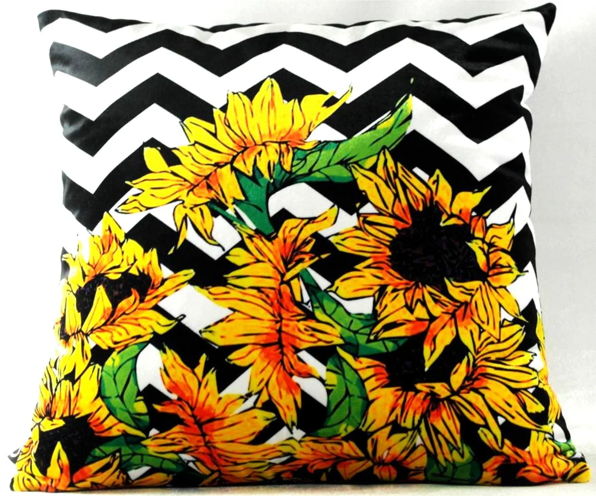 Casa Padrino Almohada Decorativa de Lujo Virginia Girasoles Negro / Blanco / Multicolor 45 x 45 cm - Terciopelo Fino - Almohada de la Sala de Estar