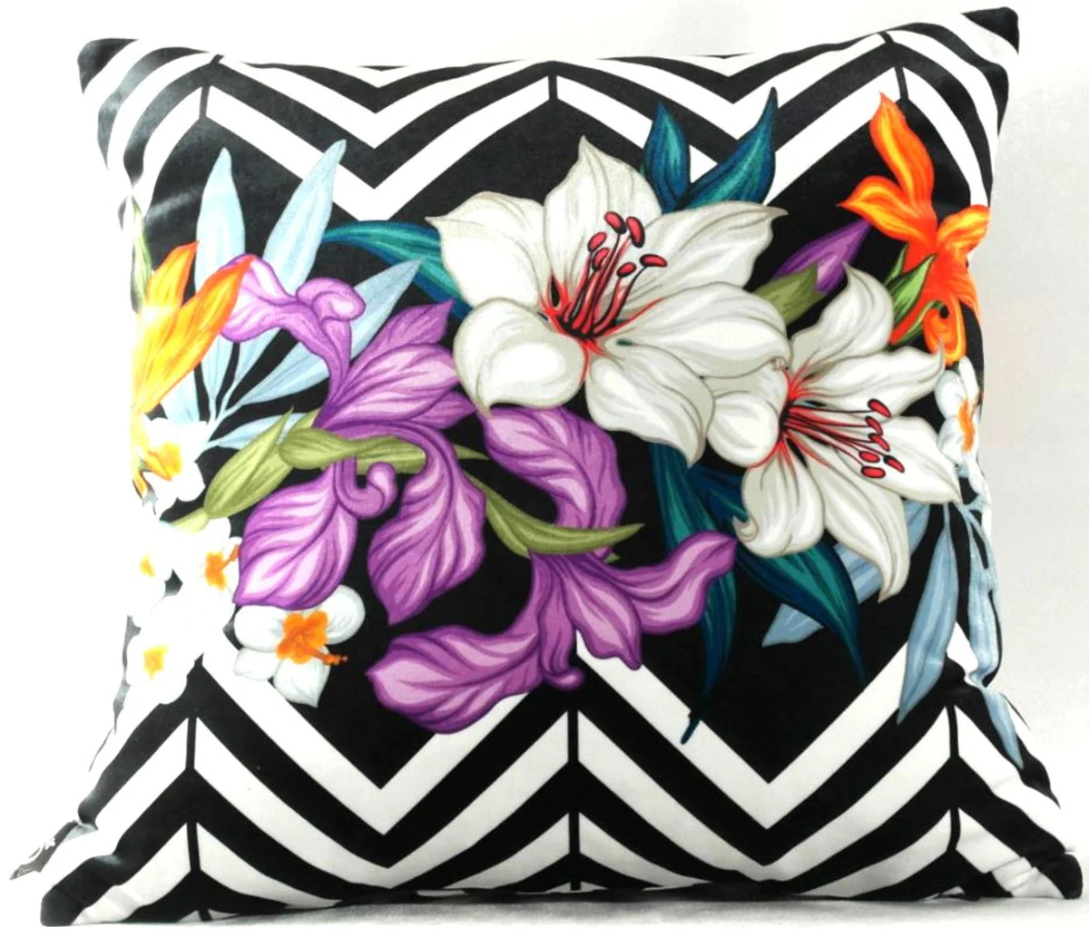 Casa Padrino Almohada para Sala de Estar Flores de Georgia Negro / Blanco / Multicolor 45 x 45 cm - La Mejor Tela de Terciopelo - Accesorios de Decoración de Lujo