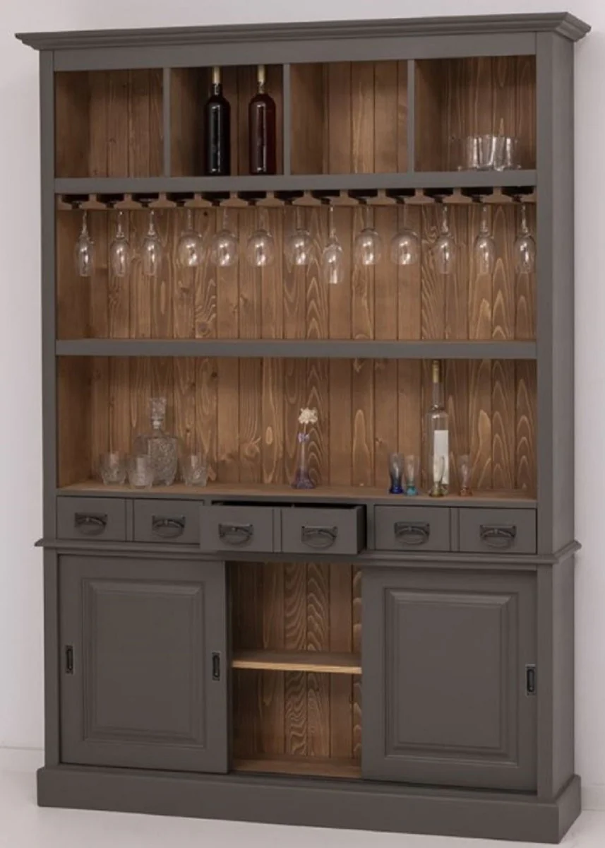 Casa Padrino armario de bar de madera maciza de estilo campestre gris oscuro / marr¨®n 151 x 36 x A. 210 cm - Gabinete de vino de madera maciza estilo campestre - Mueble bar de estilo campestre