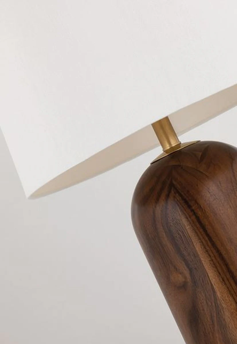 Casa Padrino lámpara de mesa de lujo marrón / latón antiguo / blanco Ø 40,6 x A. 66 cm - Elegante lámpara de mesa de madera maciza con pantalla redonda de lino