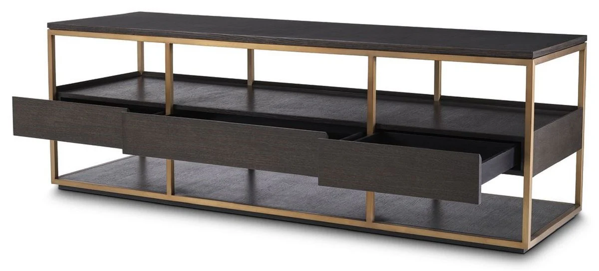 Casa Padrino gabinete de TV de lujo moca / latón 180 x 55 x A. 61 cm - Aparador de madera maciza con 3 cajones - Muebles de salón - Muebles de hotel - Colección de Lujo
