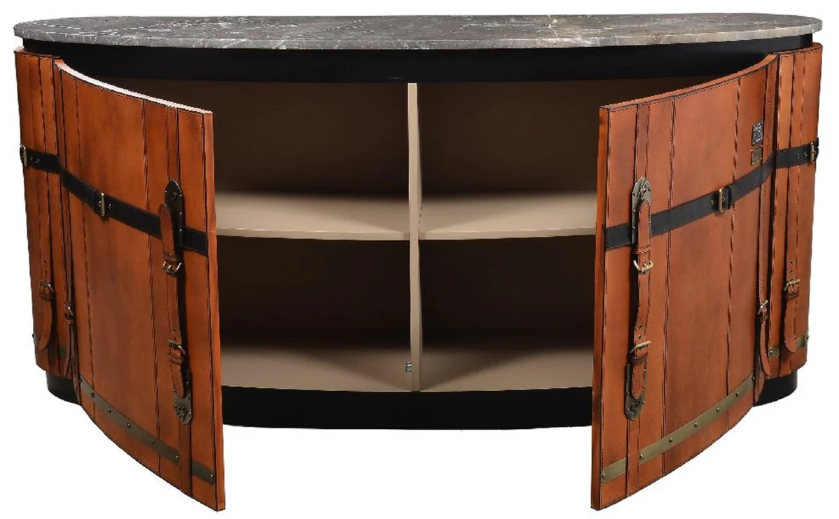 Casa Padrino aparador de lujo marrón / negro / gris / latón 184 x 48 x A. 87 cm - Armario curvo de madera maciza con 2 puertas y tapa de mármol - Muebles de salón - Muebles de lujo