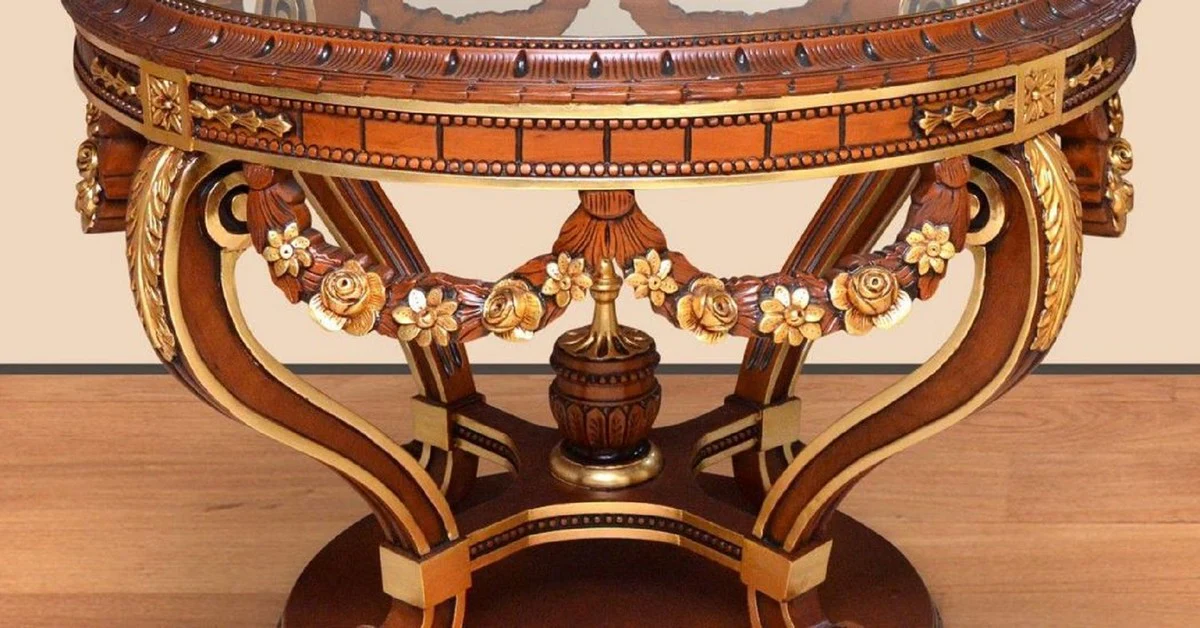 Casa Padrino mesa de conferencia barroco marr¨®n / oro - Mesa de oficina redonda de madera maciza con tapa de vidrio - Muebles de oficina barrocos - Noble y Magn¨ªfico