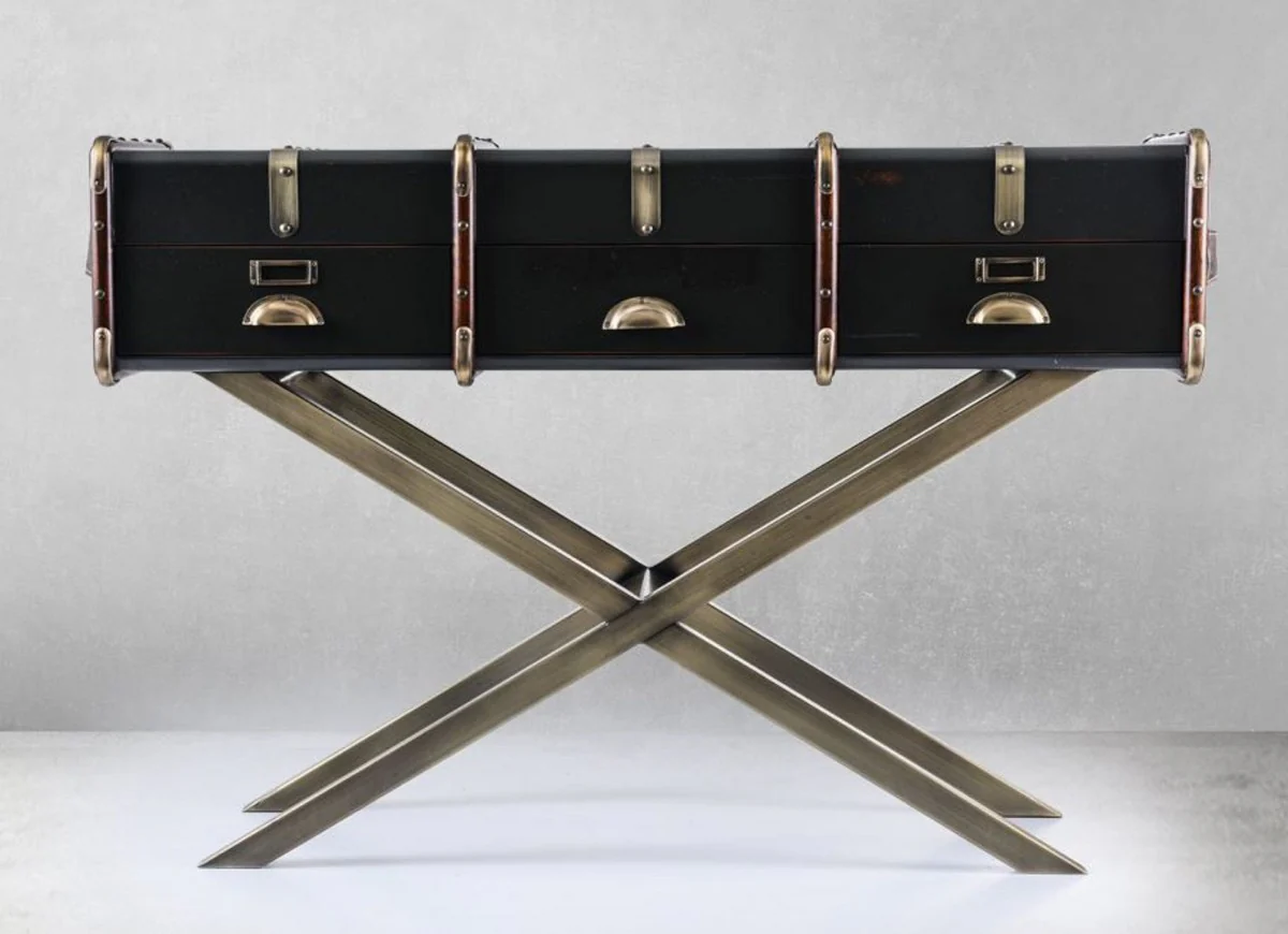 Casa Padrino consola de lujo en ¨®ptica de maleta negro / marr¨®n / lat¨®n 120 x 39 x A. 83 cm - Mesa consola con 3 cajones - Muebles de dormitorio - Muebles de lujo en ¨®ptica de maleta