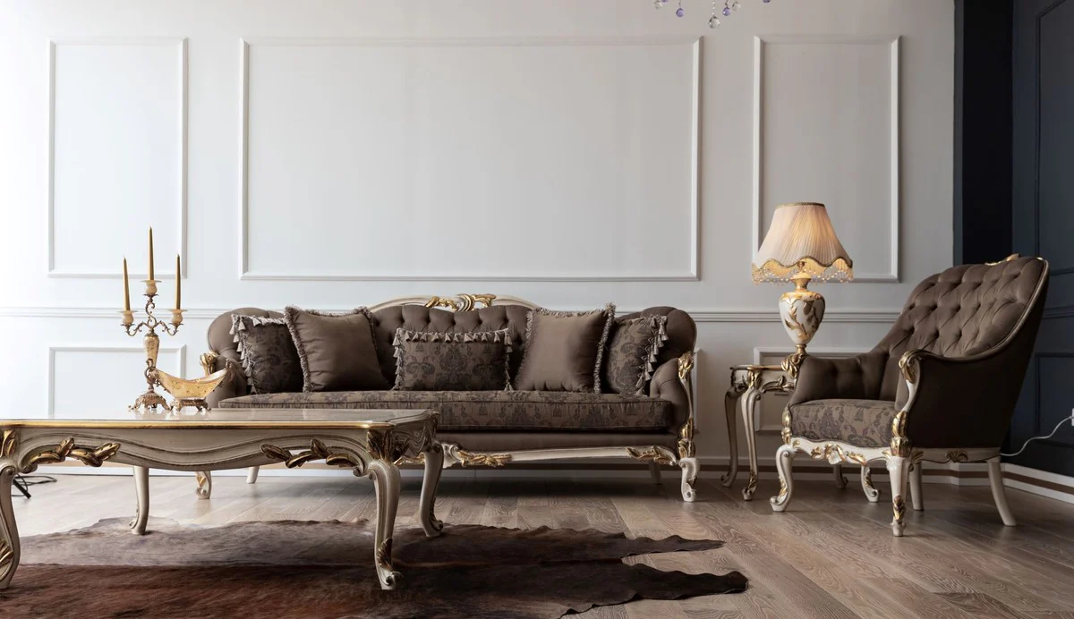 Casa Padrino sof¨¢ barroco de lujo marr¨®n / crema / blanco / oro - Sof¨¢ de sal¨®n hecho a mano - Muebles de sal¨®n barrocos