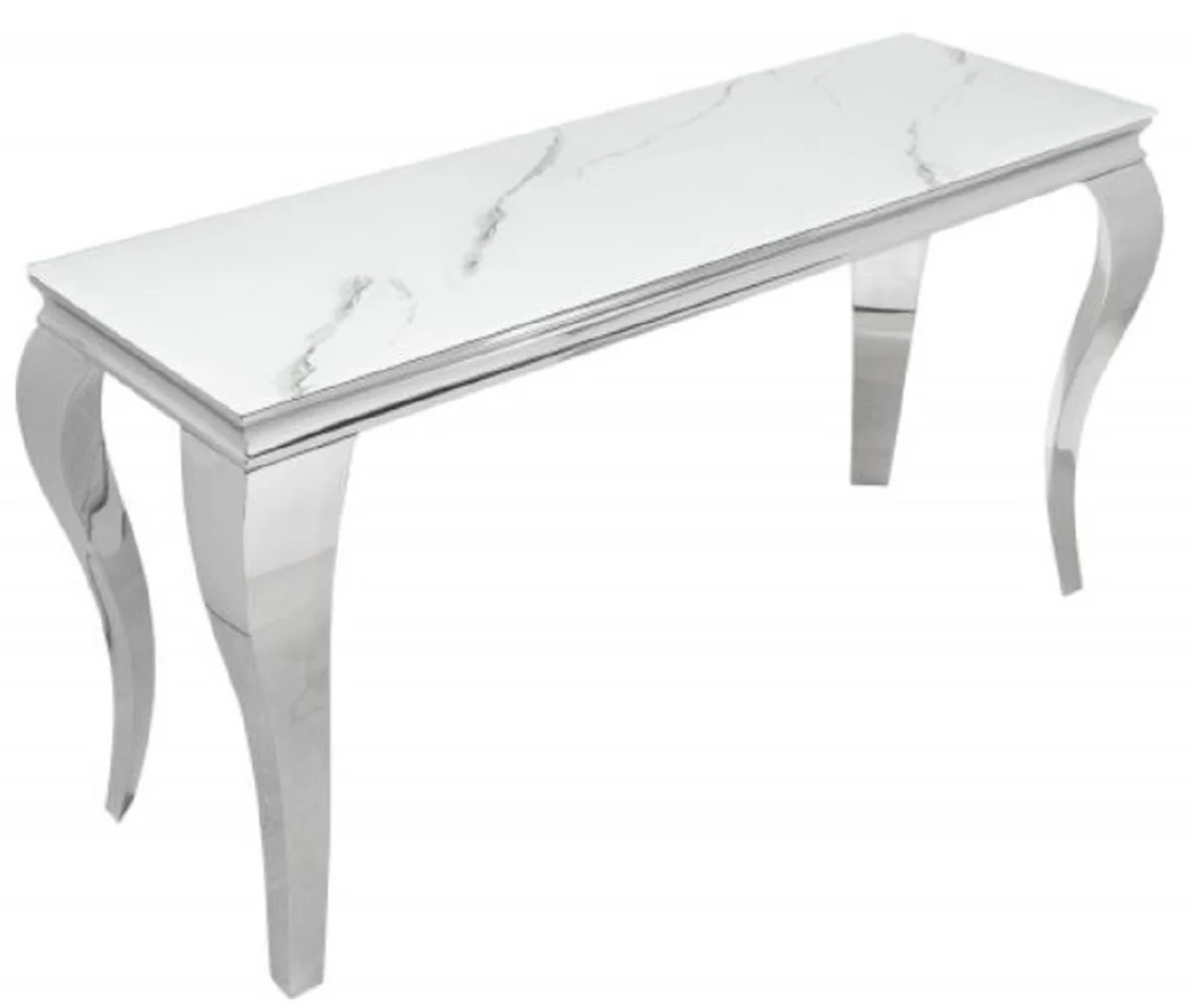Casa Padrino consola de dise?o blanco / gris / plata 145 x 50 x A. 75 cm - Mesa consola rectangular de acero inoxidable con vidrio de seguridad impreso digitalmente en aspecto m¨¢rmol - Muebles barrocos modernos