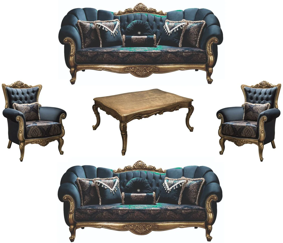 Casa Padrino conjunto de sala de estar barroco de lujo azul / oro - 2 Sof¨¢s y 2 Sillones y 1 Mesa de Centro - Muebles de Sala - Noble y Adornado