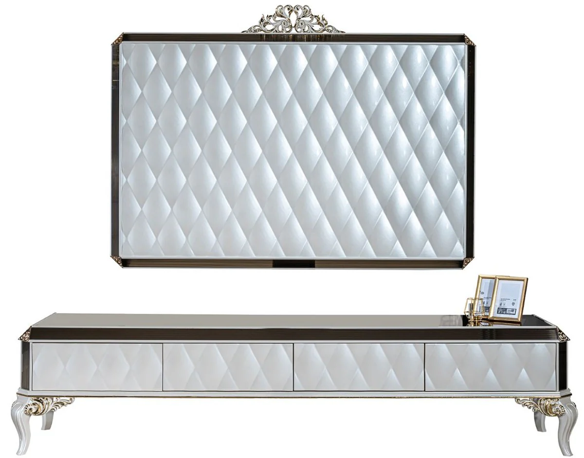 Casa Padrino gabinete de TV barroco de lujo blanco / oro / negro 235 x 52 x A. 54 cm - Aparador de madera maciza noble con pared de TV - Gabinete de sala de estar - Muebles de sal¨®n en estilo barroco