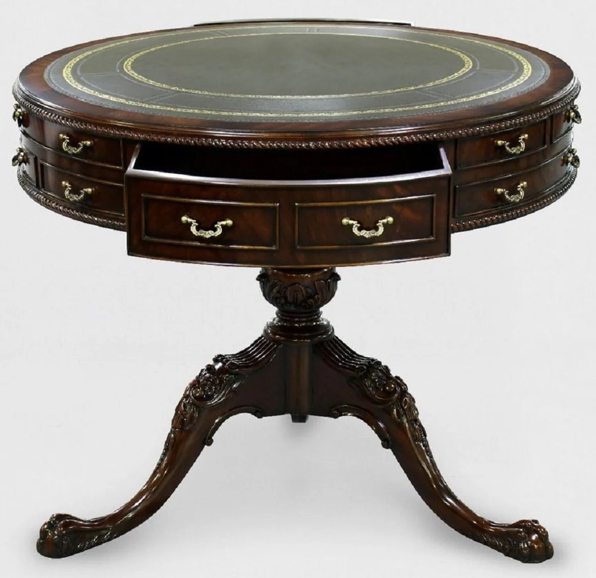 Casa Padrino mesa auxiliar barroco de lujo marr¨®n / verde / oro ? 91 x A. 76 cm - Mesa redonda de caoba con 14 cajones y piel genuina - Muebles barrocos de caoba