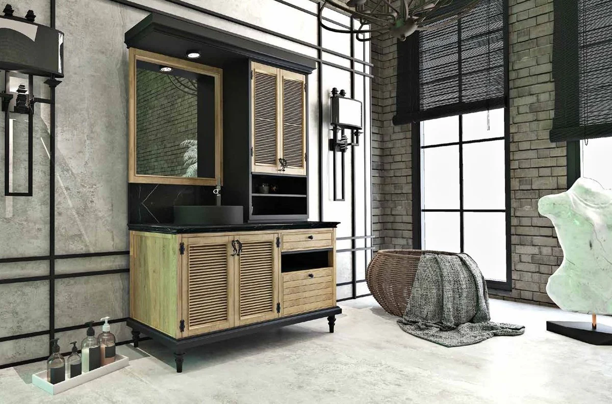 Casa Padrino Conjunto de Ba?o de Estilo Campestre de Lujo Natural / Negro - Mesa de Lavado Iluminado con 4 Puertas y 2 Cajones y 1 Lavabo y 1 Espejo de Pared - Muebles de Ba?o de Estilo Campestre