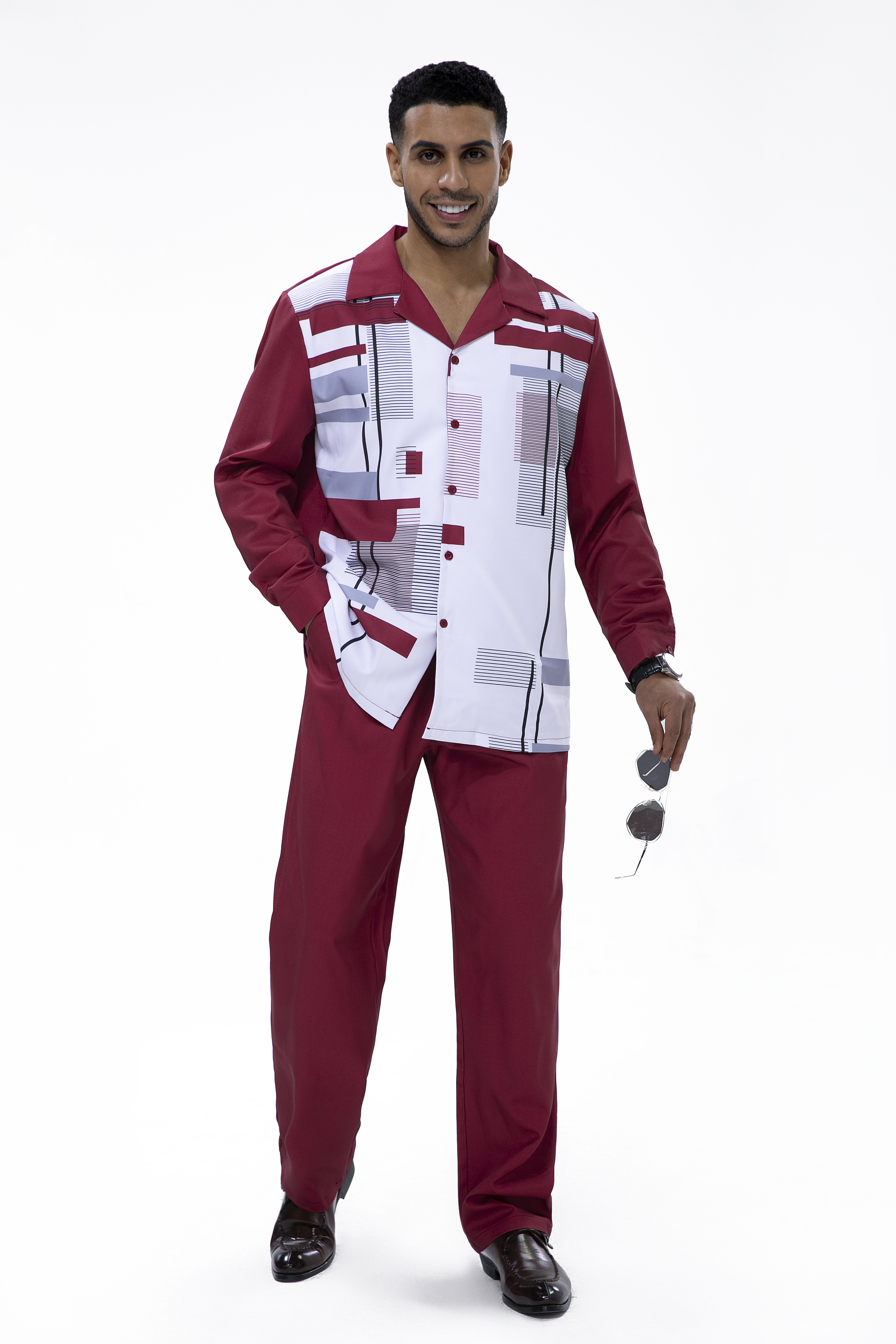 Suitmens Burgundy Geometric Print Walking Suit 2 Piece LongSleeve Set
