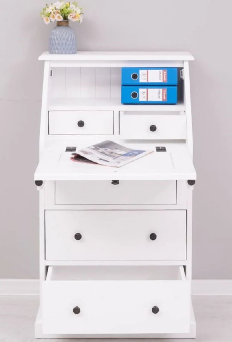 Casa Padrino secretaria c¨®moda de estilo campestre blanco 65 x 45 x A. 110 cm - Armario de madera maciza con 5 cajones - Muebles de madera maciza - Muebles de estilo campestre