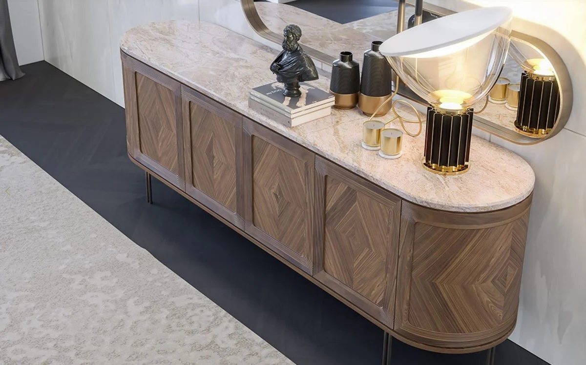 Casa Padrino aparador de lujo marr¨®n / beige / lat¨®n 244 x 56 x A. 85 cm - Armario ovalado de madera maciza con 4 puertas y tapa de m¨¢rmol - Muebles de comedor - Muebles de hotel - Muebles de lujo