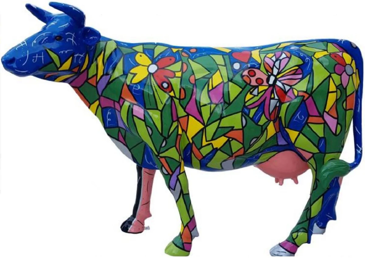 Casa Padrino escultura decorativa de lujo vaca azul / multicolor 210 x 55 x A. 147 cm - Escultura de jard¨ªn enorme - Escultura de tama?o natural - Escultura decorativa XXL - Figura decorativa XXL
