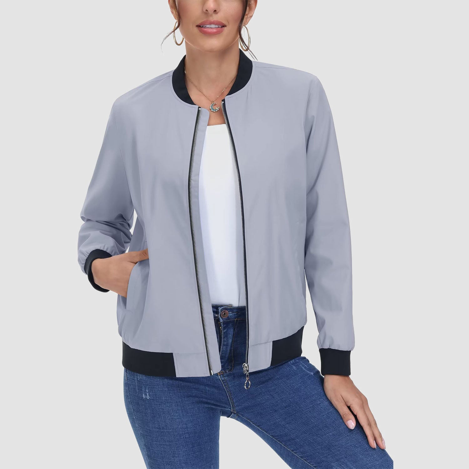 Women's Bomber Jacket Casual Zip Up Lightweight Coat Outerwear Windbreaker