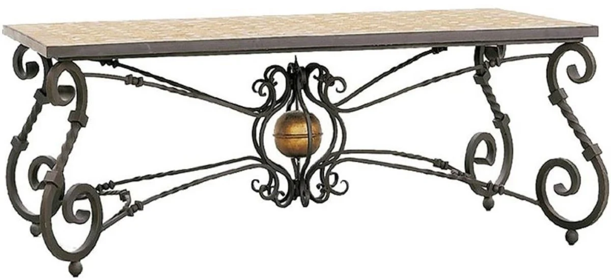 Casa Padrino mesa de comedor barroco de lujo beige / gris / lat¨®n - Mesa de jard¨ªn de hierro forjado con tablero de mosaico de piedra natural - Muebles de Sala de Estar Jard¨ªn Patio