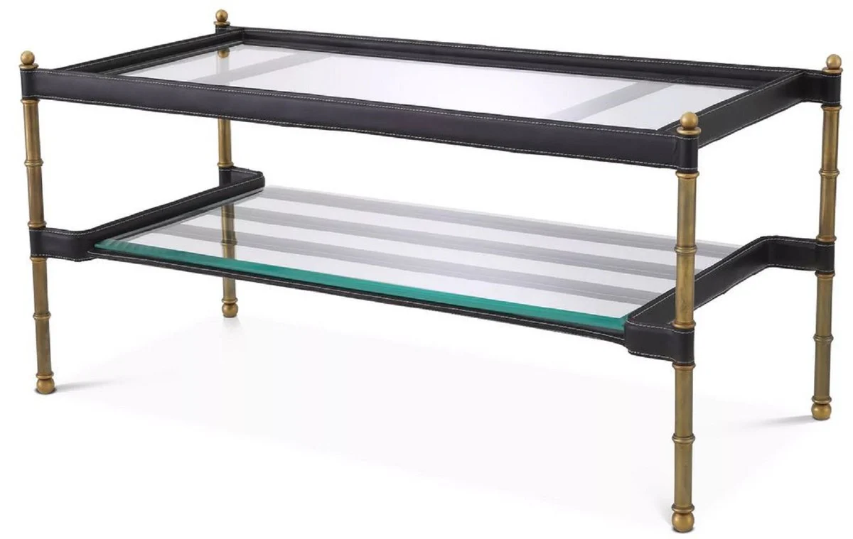 Casa Padrino mesa de centro de lujo lat¨®n vintage / negro 95 x 42 x A. 46 cm - Mesa de sal¨®n moderna con placas de vidrio y cuero genuino - Muebles de Sal¨®n - Muebles de Lujo