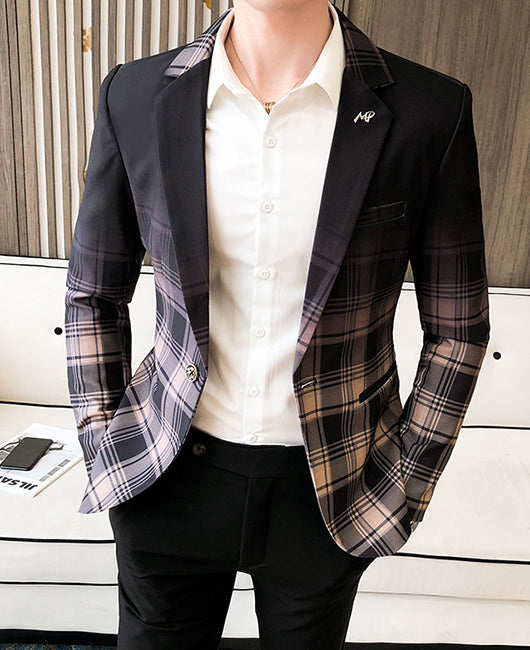 Casual Lapel Collar Ombre Plaid Print One Button Slim Fit Blazer