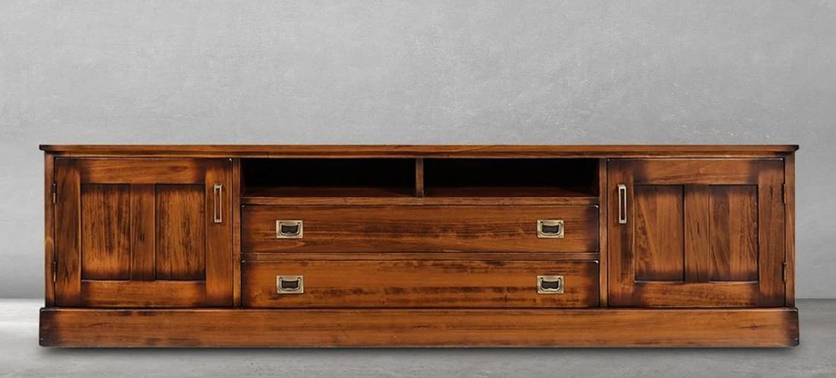 Casa Padrino armario de TV Lujo de estilo vintage marrón / latón 204 x 52 x A. 54,5 cm - Aparador estilo vintage con 2 puertas y 2 cajones - Mueble de salón de estilo vintage - Muebles de lujo