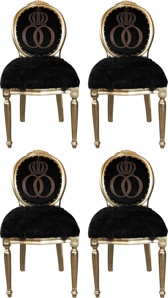 Pomp??s by Casa Padrino Sillas de Comedor Barrocos de Lujo Faux Fur Negro / Oro Corona con Diamantes de Imitaci¨®n 50 x 60 x H. 104 cm - Sillas Barrocos de Pomp??s Dise?adas por Harald Gl??ckler - 4 Sillas de Comedor