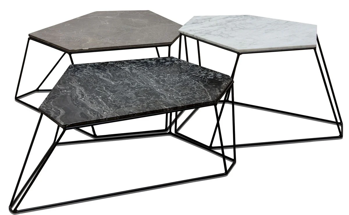 Casa Padrino mesa de centro de dise?o conjunto de 3 blanco / gris / negro con patr¨®n - Muebles de Sal¨®n de Lujo