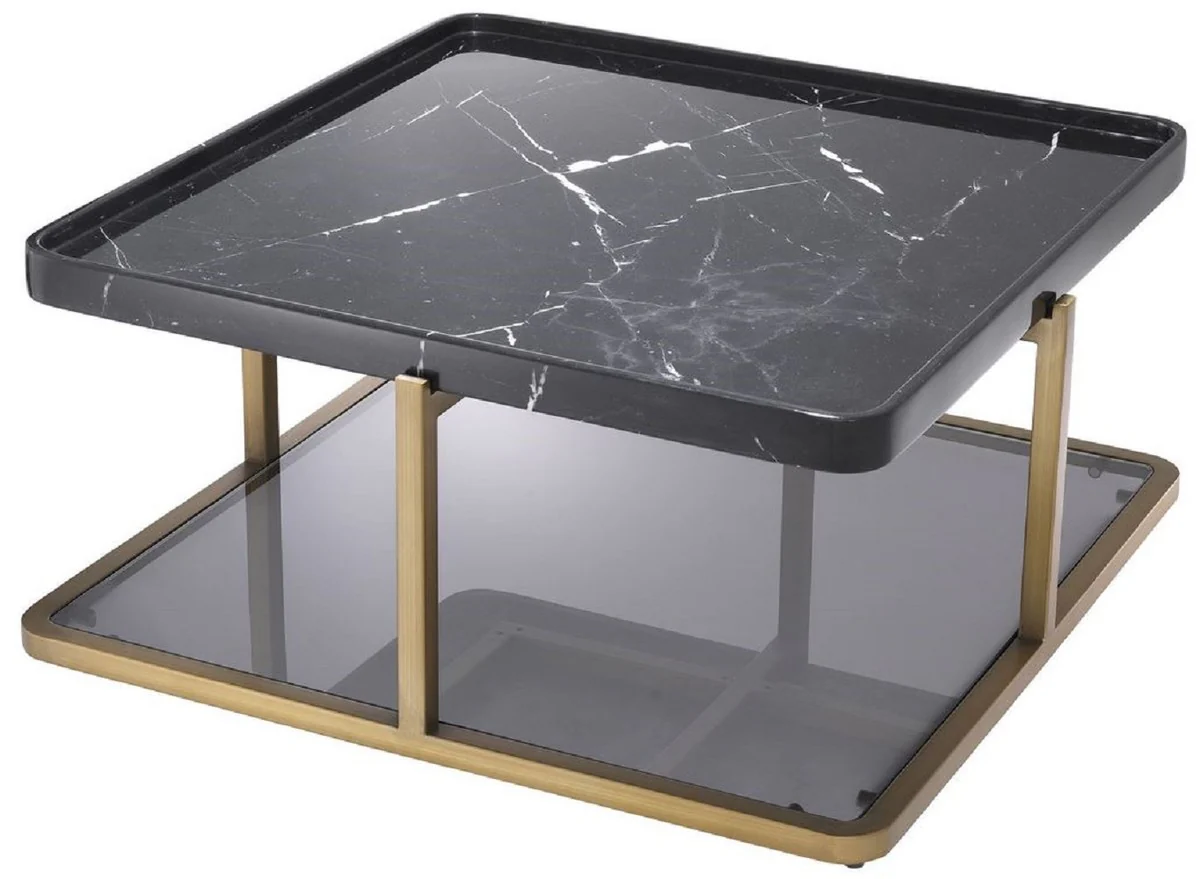 Casa Padrino mesa de centro de lujo lat¨®n / negro / gris 58 x 58 x A. 27,5 cm - Mesa de sal¨®n moderna de acero inoxidable con tapa de m¨¢rmol y vidrio tintado - Muebles de Lujo