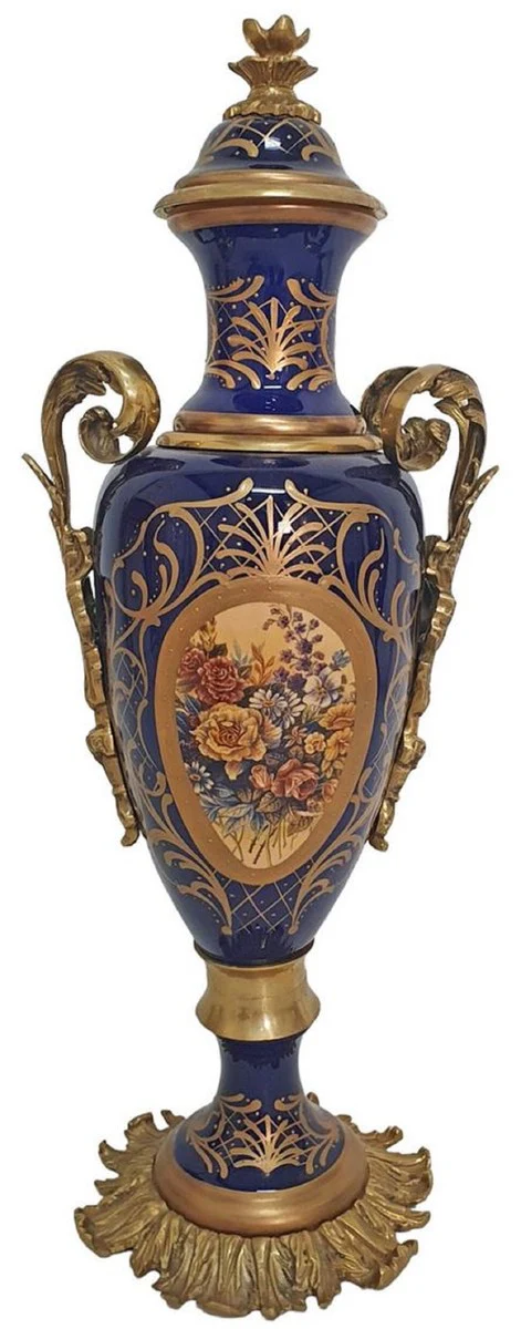 Casa Padrino conjunto de jarrones barrocos de cerámica decorativa con cuenco azul / multicolor / latón - Magnífica decoración estilo barroco - Accesorios decorativos barrocos - Muebles barrocos