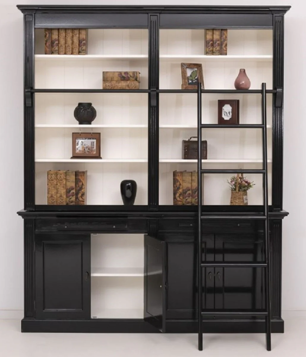 Casa Padrino armario de libros de estilo campestre con escalera negro / blanco 200 x 40 x H. 240 cm - Gabinete de madera maciza - Gabinete de sal¨®n - Gabinete de oficina - Muebles estilo campestre
