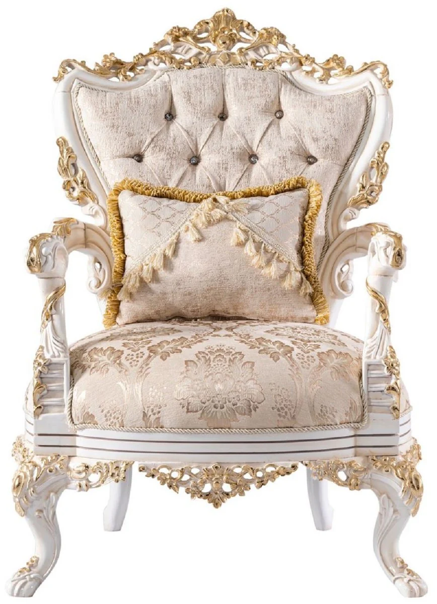 Casa Padrino conjunto de sala de estar barroco de lujo beige / blanco / oro - 2 Sof¨¢s Barrocos y 2 Sillones Barrocos y 1 Mesa de Centro Barroco - Muebles de sal¨®n barroco - Noble y Magn¨ªfico