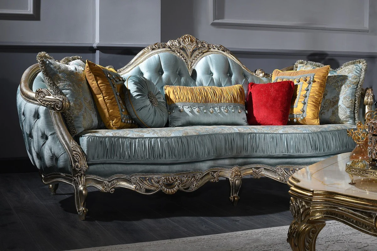 Casa Padrino sof¨¢ barroco de lujo turquesa / plata / oro 310 x 99 x H. 113 cm - Suntuoso Sof¨¢ de Sala de Estar Chesterfield en Estilo Barroco