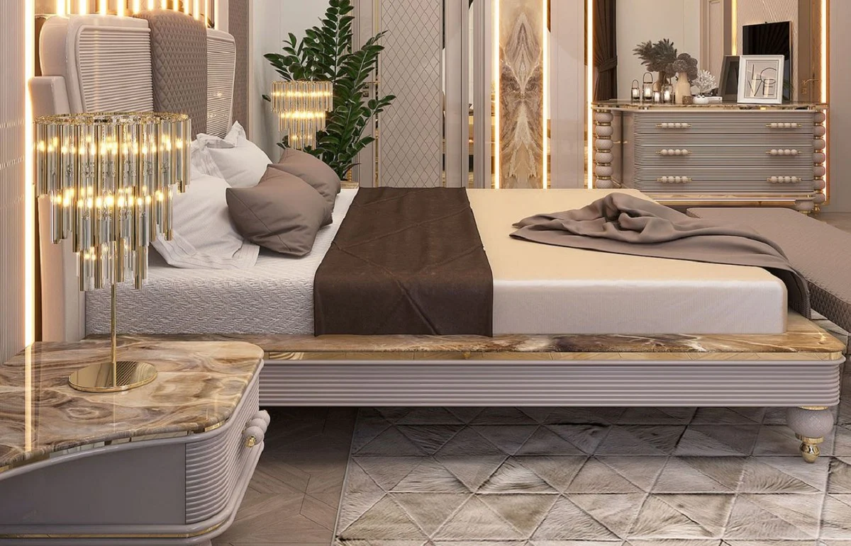 Casa Padrino conjunto de mesitas de noche Art Deco de lujo gris / blanco / oro 75 x 50 x A. 48 cm - Magníficas mesitas de noche de madera maciza - Muebles de Dormitorio y Hotel Art Deco