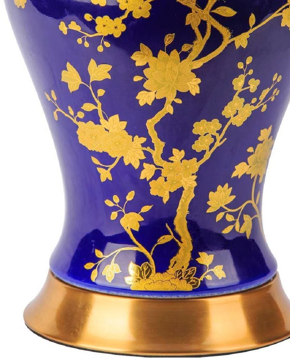 Casa Padrino lámpara de mesa de cerámica de lujo azul / oro / blanco Ø 42 x A. 72 cm - Lámpara de escritorio redonda de cerámica con pantalla - Luces de cerámica de lujo