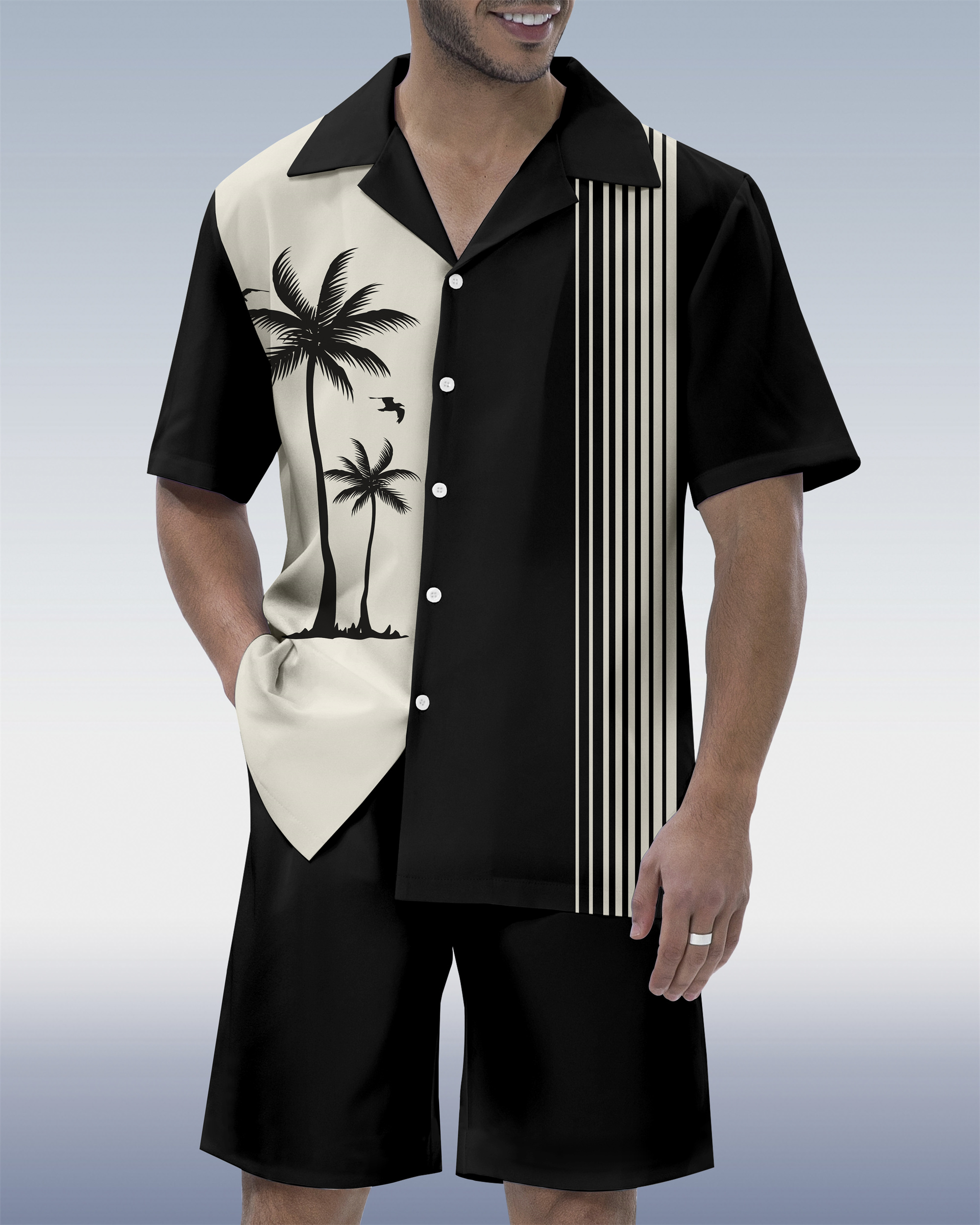 Men's Hawaiian Tiki Party Print Cuban Collar Short Sleeve Shirt Set 03