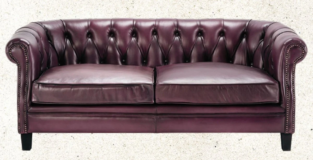 Casa Padrino sof¨¢ Chesterfield de lujo de cuero genuino p¨²rpura / negro 160 cm - Muebles de cuero genuino