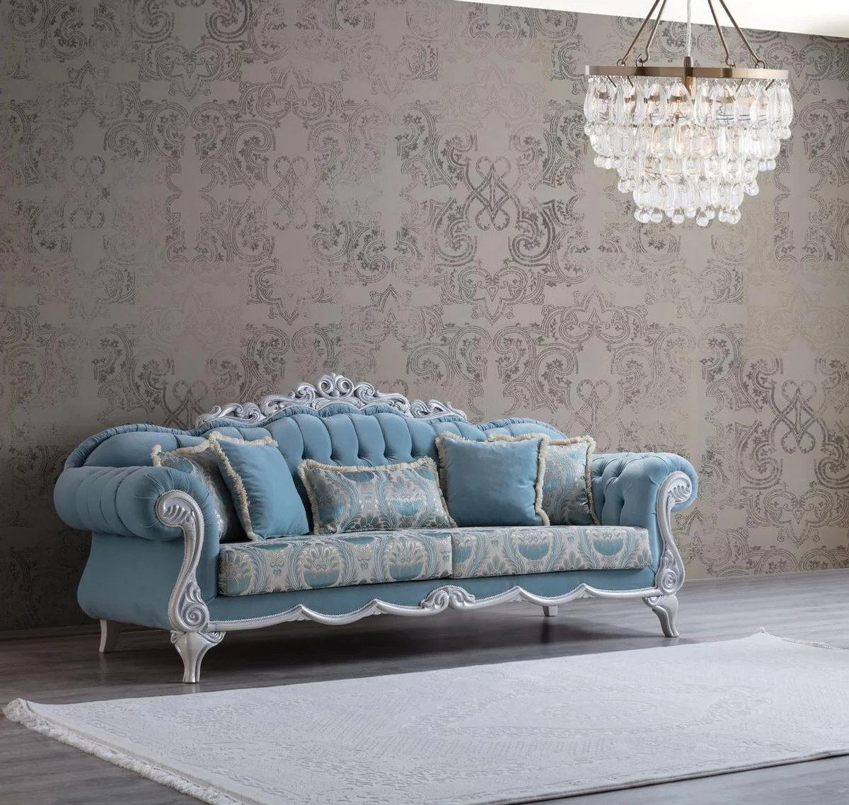 Casa Padrino sof¨¢ de sal¨®n barroco de lujo con cojines decorativos azul claro / gris 237 x 90 x A. 105 cm - Muebles Barrocos - Noble y Magn¨ªfico