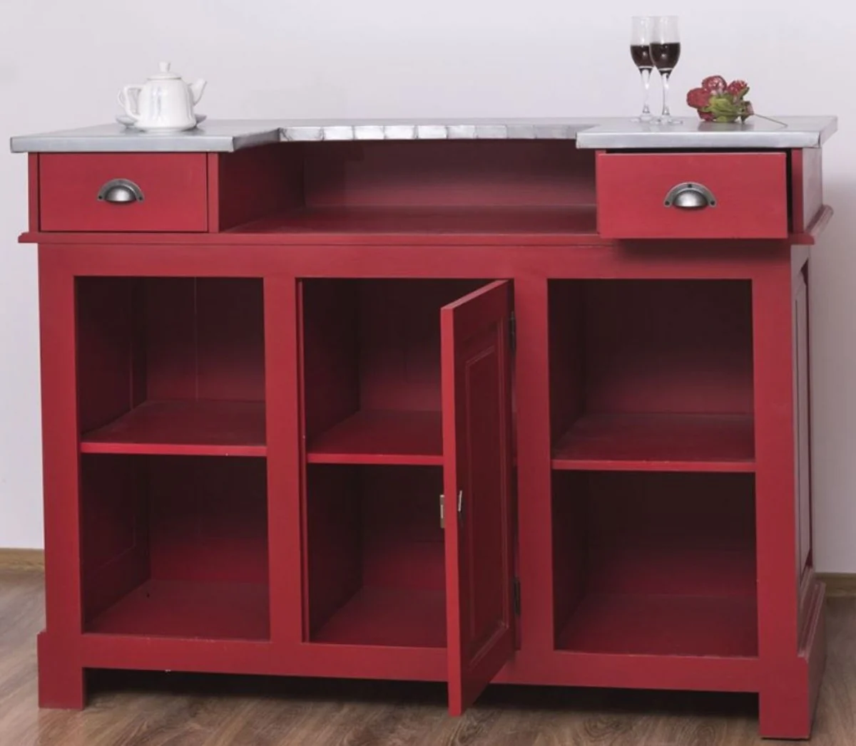 Casa Padrino barra de bar de estilo campestre rojo / plata 150 x 65 x A. 107 cm - Barra de bar de madera maciza con sobre de mesa galvanizado - Muebles de bar en estilo campestre
