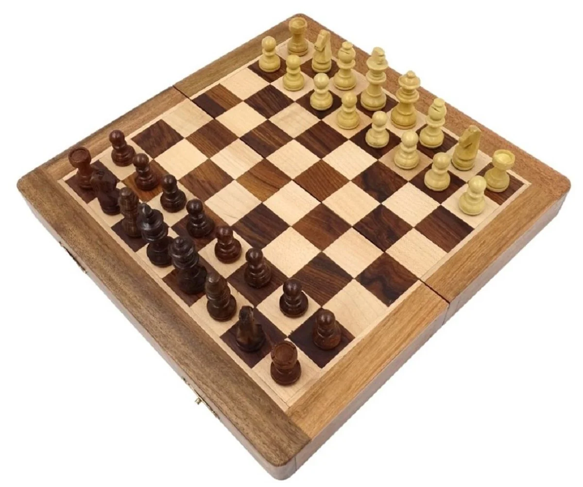 Casa Padrino conjunto de ajedrez de lujo marrón / beige 30 x 30 cm - Ajedrez de madera plegable - Tablero de ajedrez de madera con piezas de ajedrez de madera - Accesorios de lujo