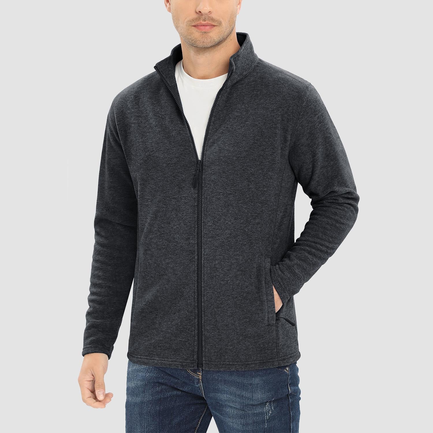 Men's Fleece Jacket Sweater Full Zip Up Coat With Zipper Pockets