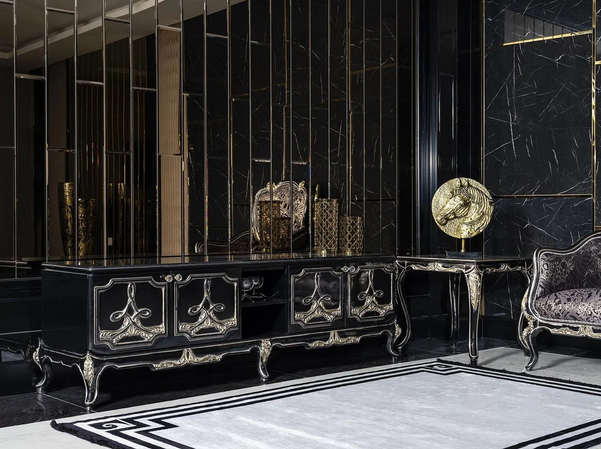 Casa Padrino armario de TV barroco de lujo negro / oro - Magnífico aparador de salón con 4 puertas - Muebles de salón barrocos