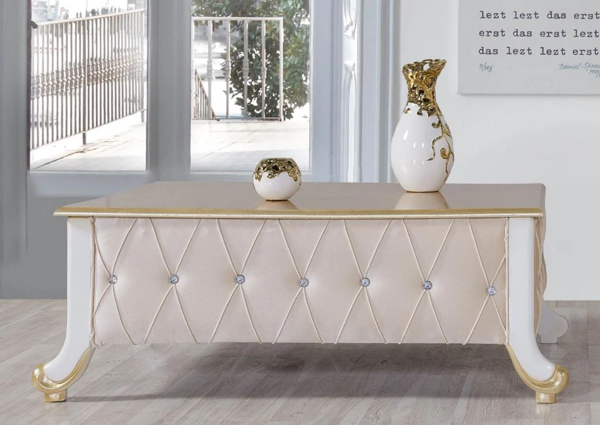 Casa Padrino mesa de centro barroco beige / blanco / oro 100 x 64 x A. 43 cm - Mesa de sal¨®n noble de estilo barroco con pedrer¨ªa - Muebles Barrocos