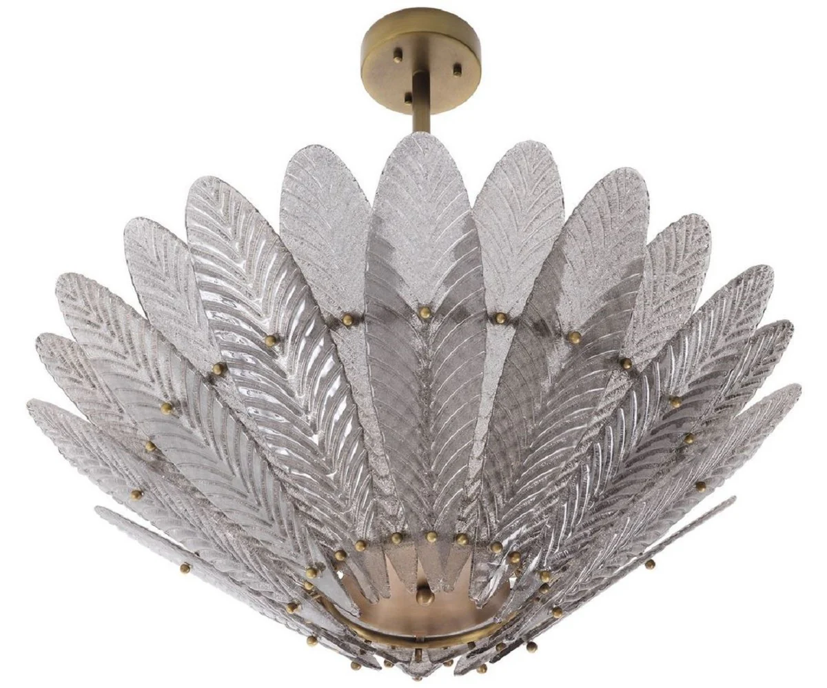 Casa Padrino araña de luces de lujo latón antiguo / gris Ø 86 x A. 80,5 cm - Lámpara de salón redonda con vidrio soplado a boca - Calidad de Lujo