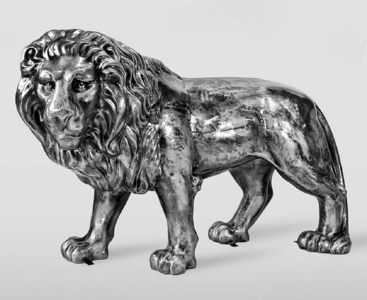 Casa Padrino escultura decorativa XXL le¨®n plata antiguo 185 cm - Figura decorativa de jard¨ªn de tama?o natural