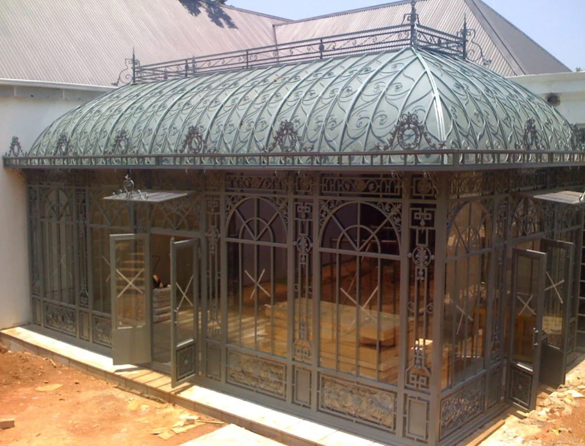 Casa Padrino casa de jardín Art Nouveau de lujo verde / marrón 849 x 459 x A. 520 cm - Pabellón de jardín de hierro fundido - Invernadero - Noble & Magnífica