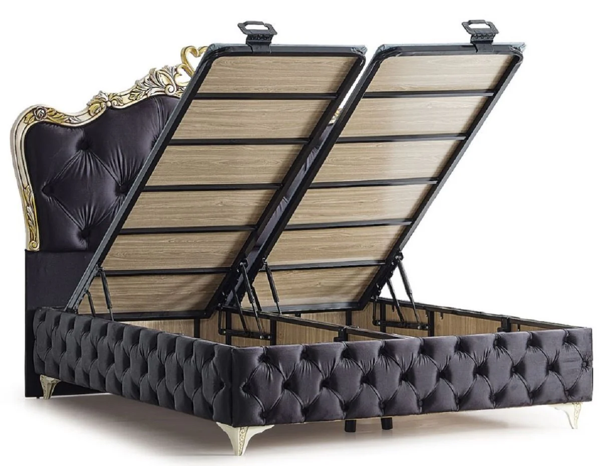 Casa Padrino conjunto de muebles de dormitorio barroco de lujo negro / crema / oro - Varios Tamaños - 1 Cama Doble Barroco con Colchón y 2 Mesitas de Noche Barroco - Muebles de Dormitorio Barrocos