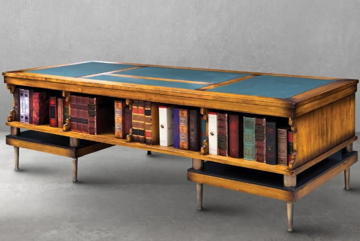 Casa Padrino escritorio de estilo vintage de lujo natural / marrón / negro / verde 252 x 102 x A. 77 cm - Mesa de oficina de madera maciza con cuero artificial - Muebles de oficina estilo vintage