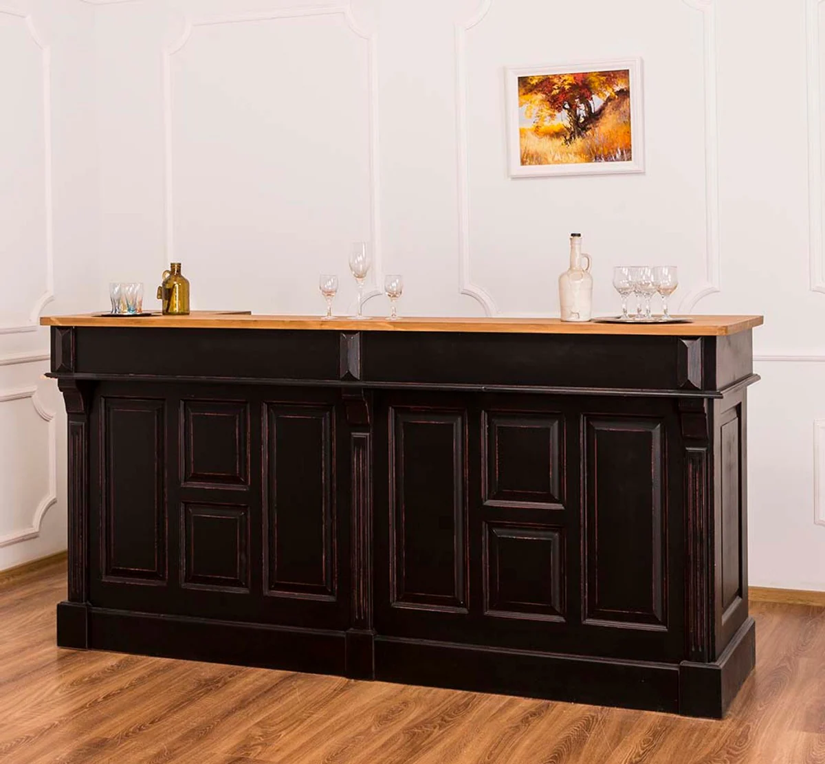 Casa Padrino barra de bar de estilo campestre negro antiguo / natural 240 x 65 x H. 107 cm - Barra de Bar con Cajones y Compartimentos de Almacenamiento