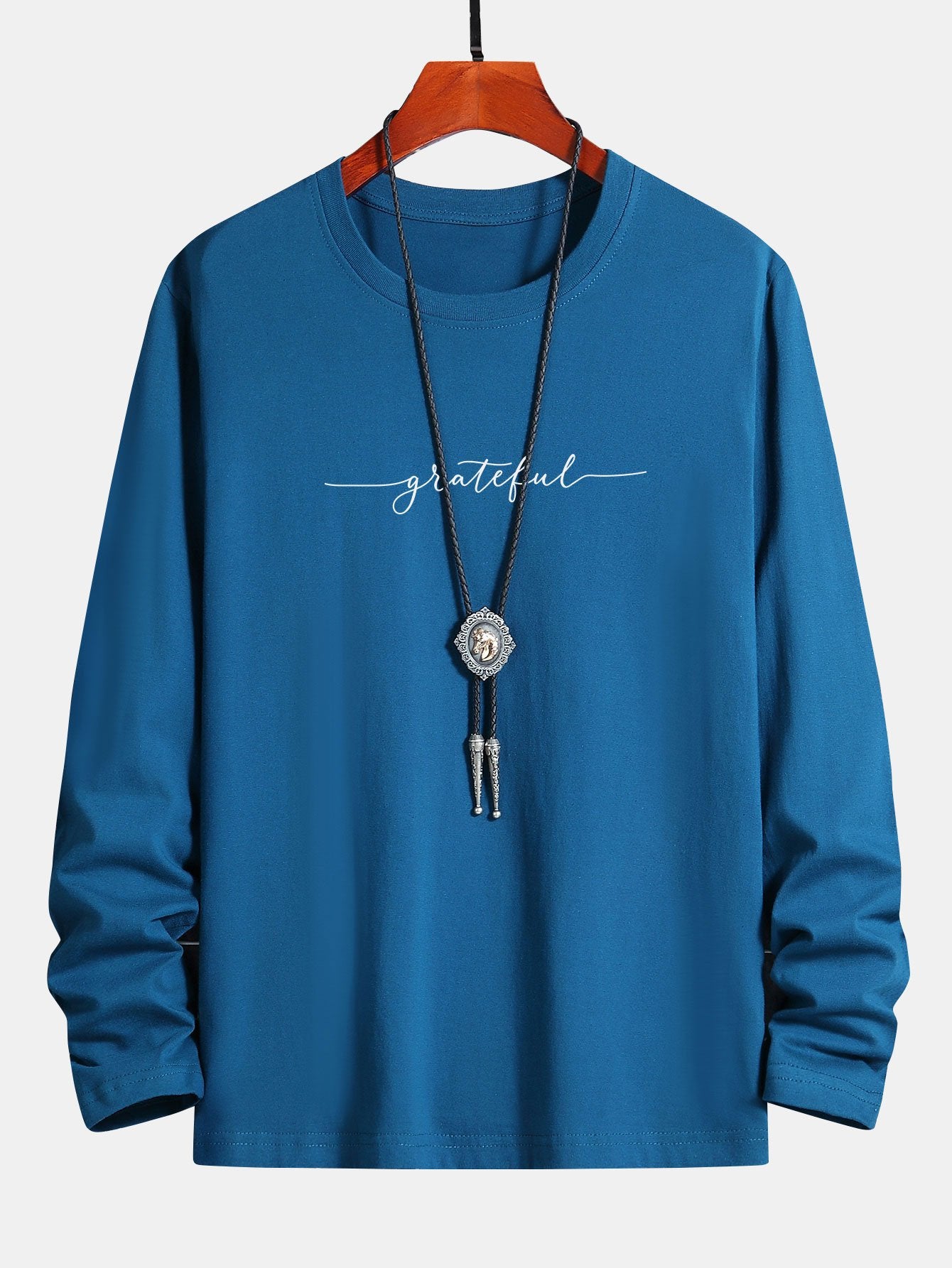 Long Sleeve Grateful Print Cotton T-Shirt